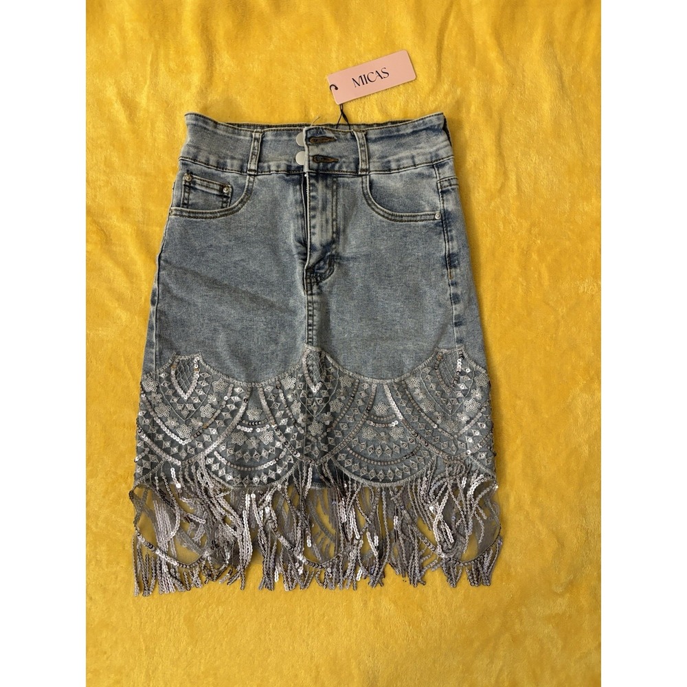 Micas Skirt Women Sequin Fringe Denim Mini Light Wash Silver Embroidery S NWT